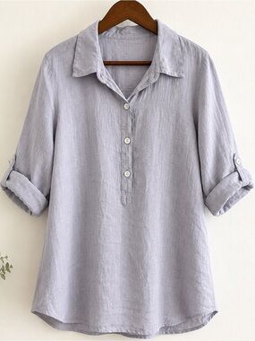 Match Point vtg thin Blouse Tunic Linen Slate gray  as is